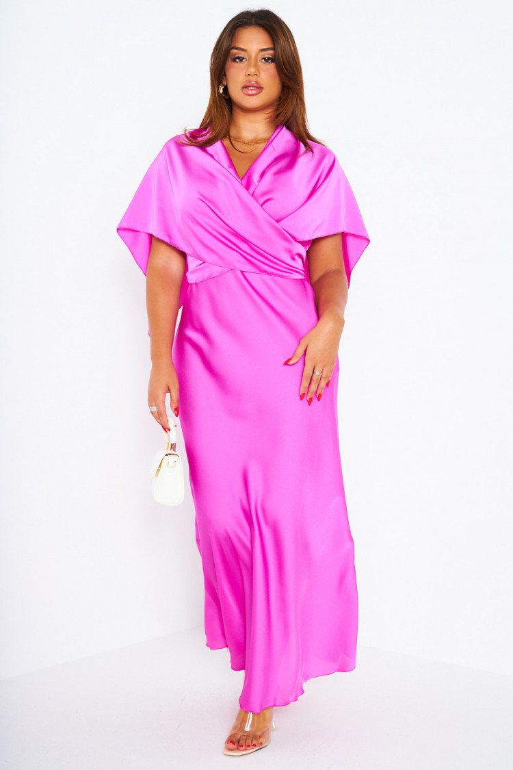 Ensemble 2 pièces robe + poncho satiné fuchsia