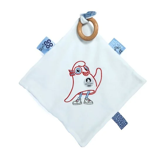 Mascotte Officielle JO 2024 Doudou plat avec anneau en bois   Blanc        de               Doudou et Compagnie