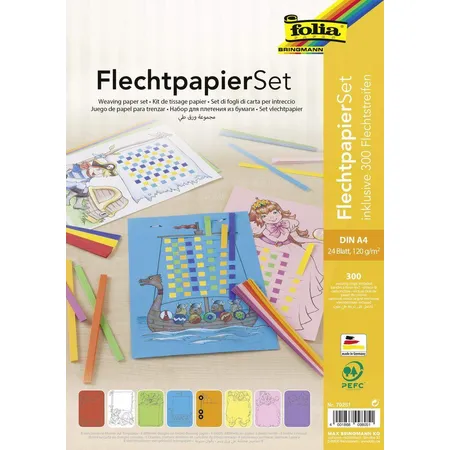 Folia Flechtpapier Set, 24 Flechtbögen DIN A4, inklusive 300 Flechtstreifen, 8 farbig sortiert