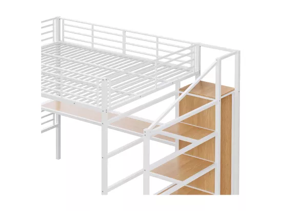 Lit mezzanine 140×200 cm bureau armoire ouverte escalier à marches pour le rangement cadre en fer Blanc