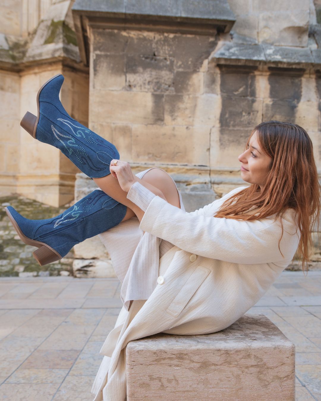 Bottes femme denim blue jeans santiags à talon - Mona