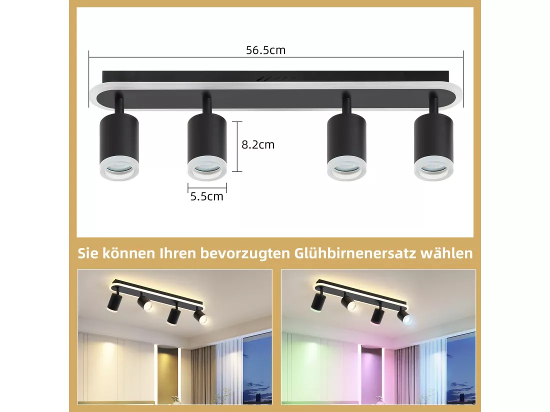 NETTLIFE 4 spot de plafond LED GU10 métal noir orientable 330° spot moderne blanc chaud pour chambre couloir salle à manger cuisine salon