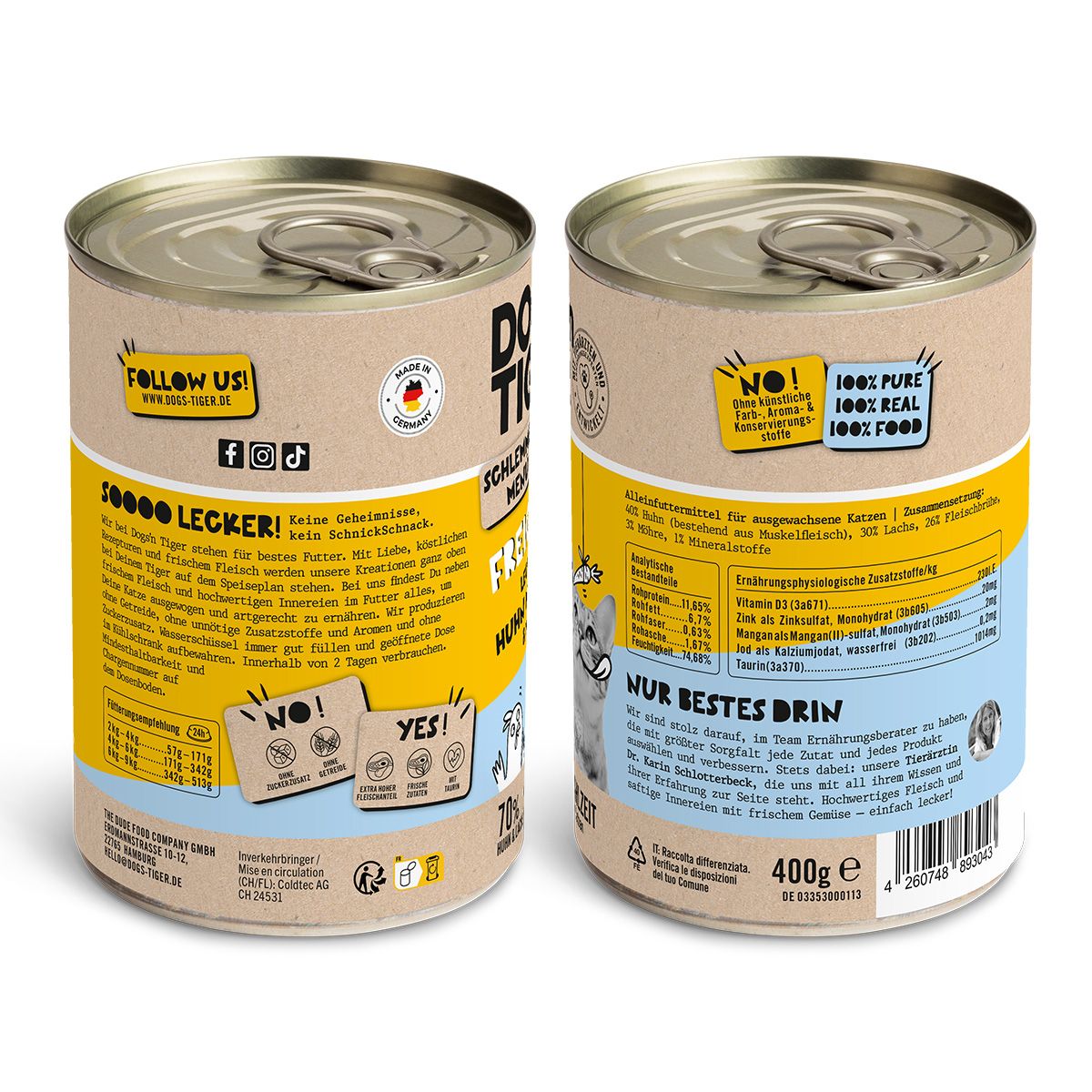 Dogs’n Tiger Adult, Katzenfutter, Freigeist, Katzen Nassfutter, Getreidefrei, Huhn, Lachs & Karotte