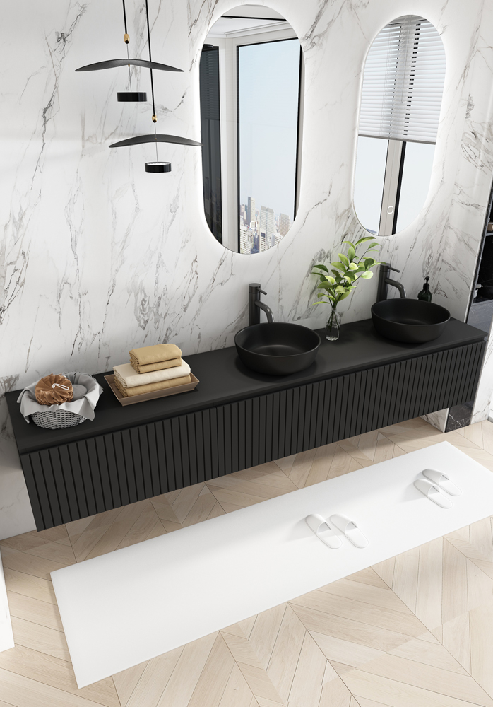 Fontana Stripe zwart badmeubel ribbelfront 240cm met zwarte waskommen
