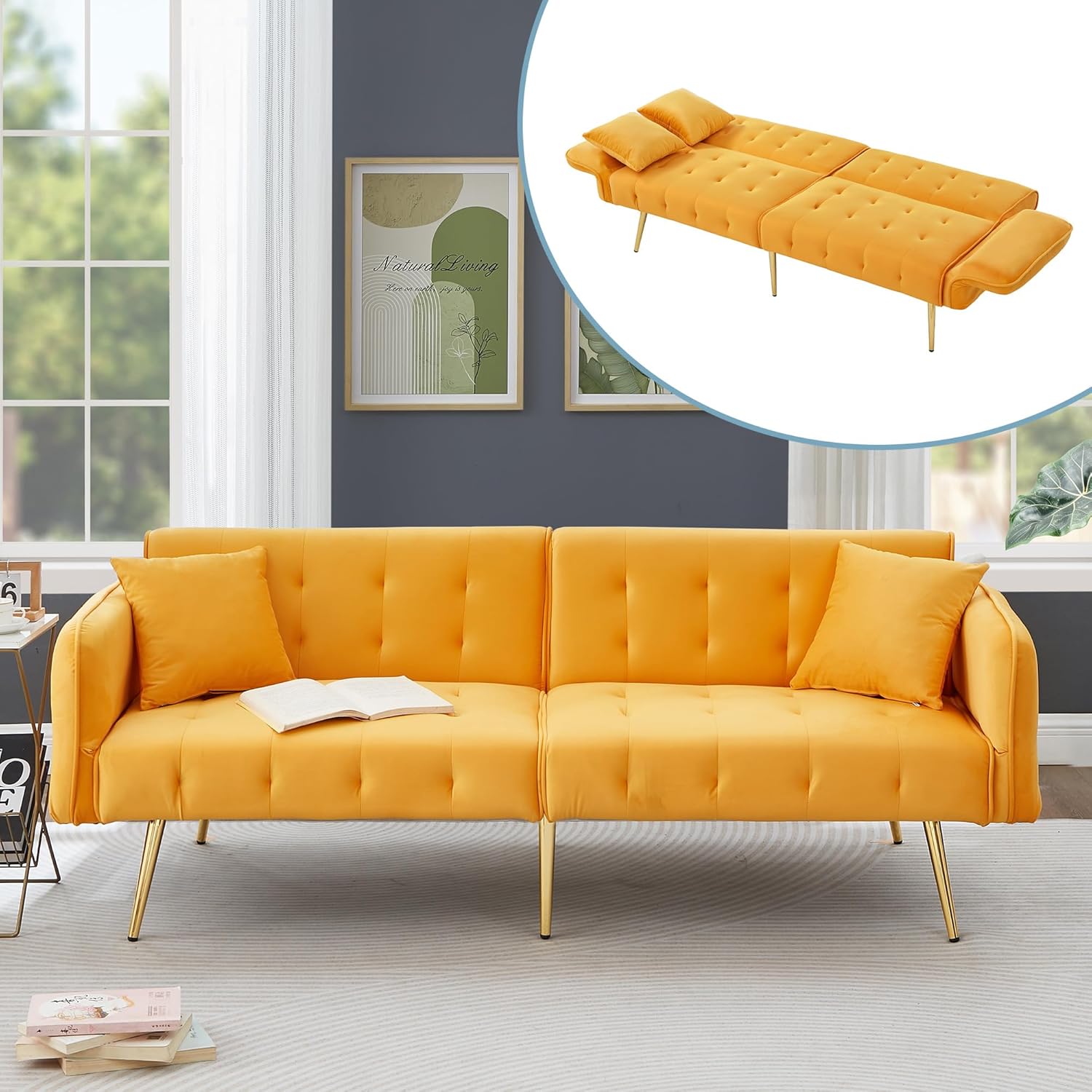 Zweisitzer-Multifunktions-Sofabett mit Bettfunktion, Verstellbarer Rückenlehne + mehrstelligen Armlehnen. Modernes Faltsofabett für Wohnzimmer - Veloursbezug. Großzügiger Schlafbereich