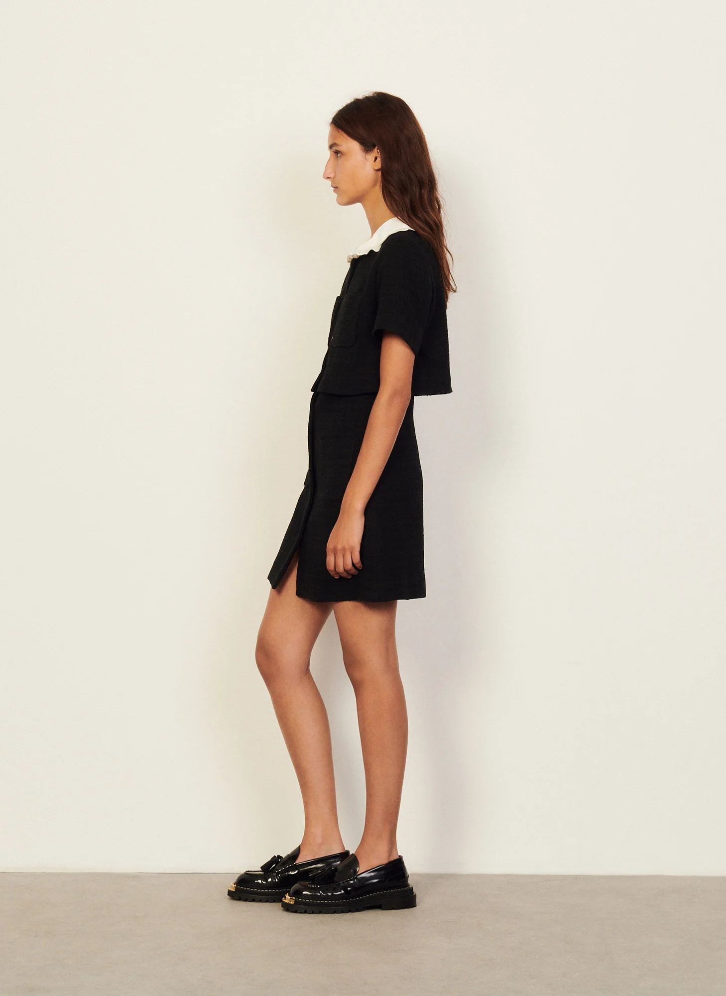 Robe courte col claudine en tweed | Noir