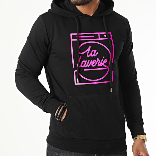 Sweat Capuche La Laverie Noir Rose Fluo