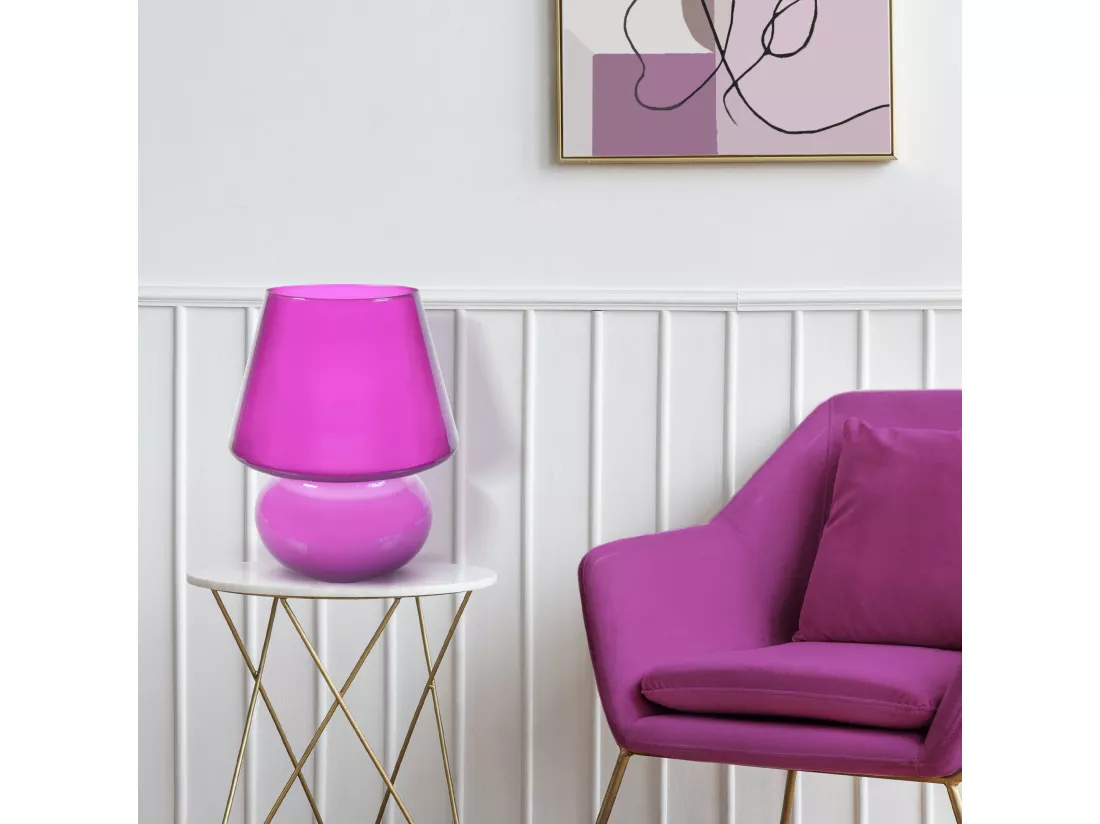 Lampe a poser champignon verre rose 37 cm.