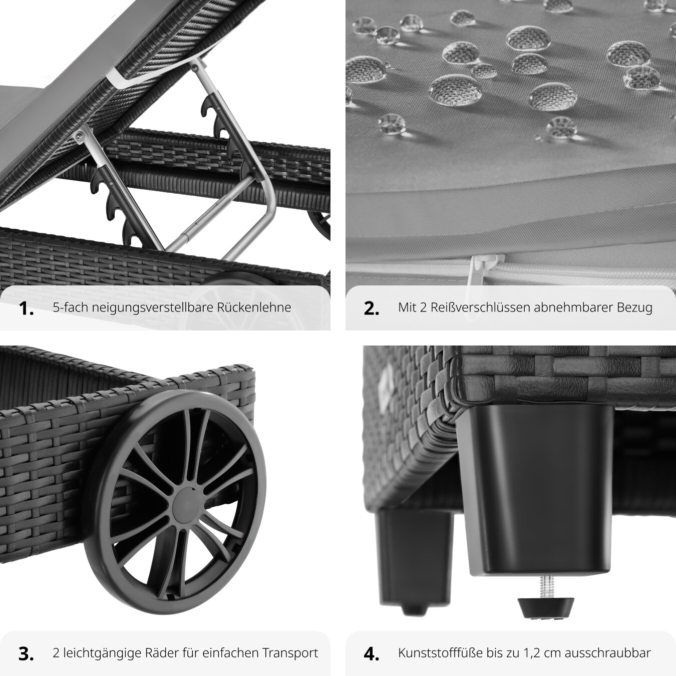 tectake® Rattan Sonnenliege, mit Aluminiumgestell, 5-fach verstellbare Rückenlehne, Belastbarkeit 150 kg, 66 x 185 x 24,5 cm