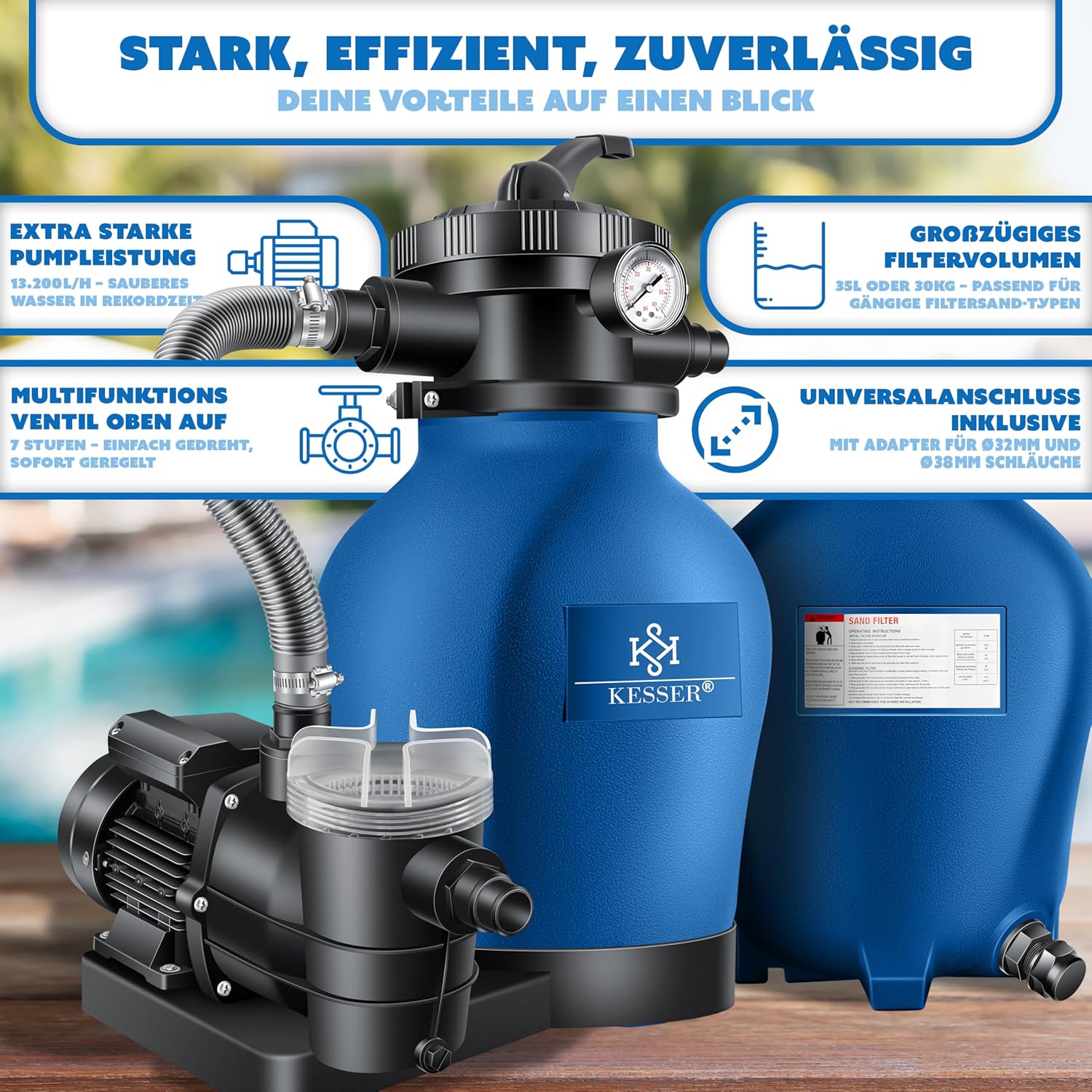 KESSER® Sandfilteranlage mit Pumpe & 1200g Filterbälle | Poolfilter 600W | Sandfilter für Pool 13200L/h Durchfluss | Tankvolumen bis 30kg Sand | 7-Wege Ventil mit Druckmanometer, Abdeckung & Zubehör