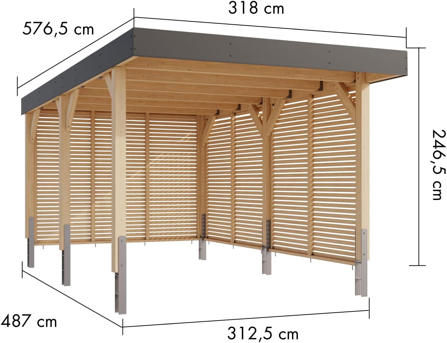 Karibu Leimholzcarport mit EIN oder Zwei Stellplätzen, optional mit Seitenwänden (Einzelcarport - mit Seitenwänden)
