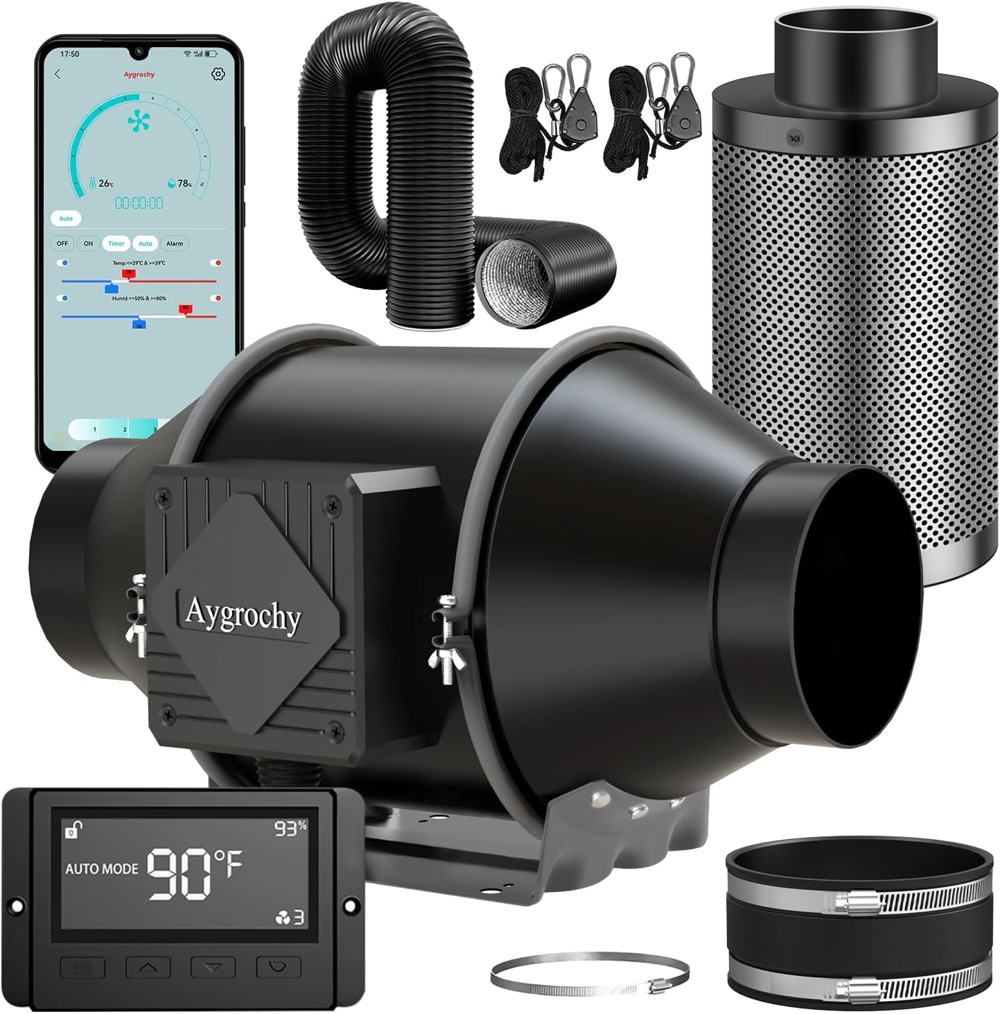 Aygrochy Abluftset 100mm,Rohrventilator mit Temperatur- und Feuchtigkeitsregler, WiFi App Steuerung, Aktivkohlefilter Schlauch Abluft Lüfter, Belüftungssystem Lüftungsset für Growzelt