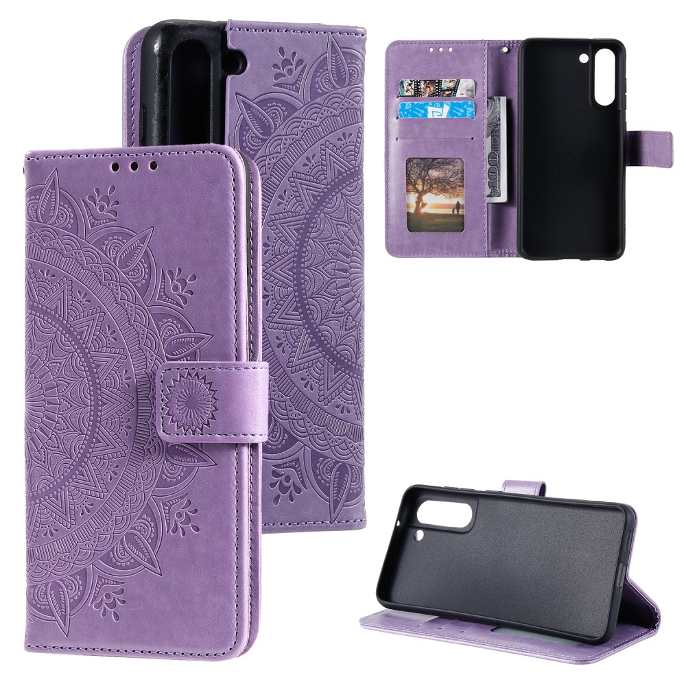 Samsung Galaxy S21 FE 5G Leder Tasche Wallet - Mandala Flowers Imprint - Violett