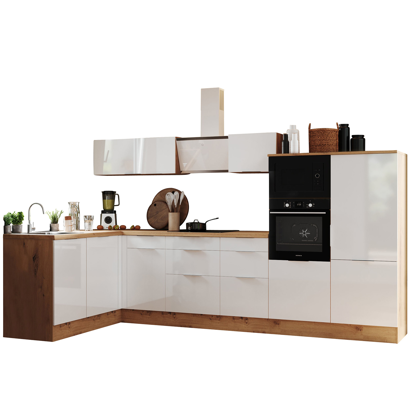 RESPEKTA Winkelküche - weiß Hochglanz - Artisan Eiche - mit E-Geräten - 340x175 cm