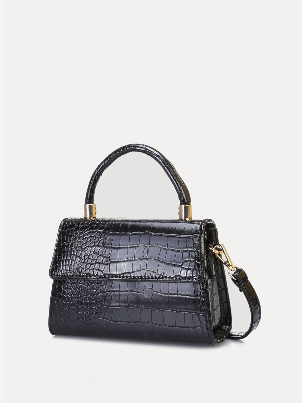 Sac à main effet croco verni avec rabat- Noir