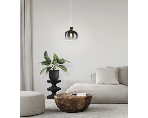 Hanglamp, 1-lichts, HxØ 110x19 cm, zwart/messing, glasdampgecoat zwart/grijs/transparant