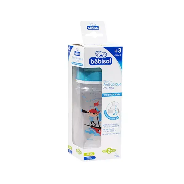 Mamadeira anticólica Bébisol de silicone, gargalo largo, +3 meses, estampa de pirata, 240ml