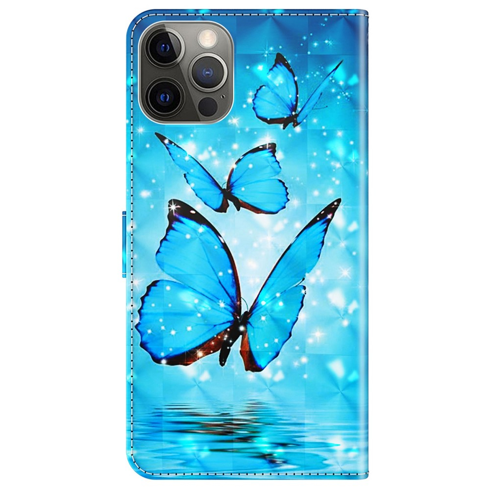 iPhone 14 Pro Leder Tasche mit Kartenfach   Handschlaufe - Schmetterling (Blau)