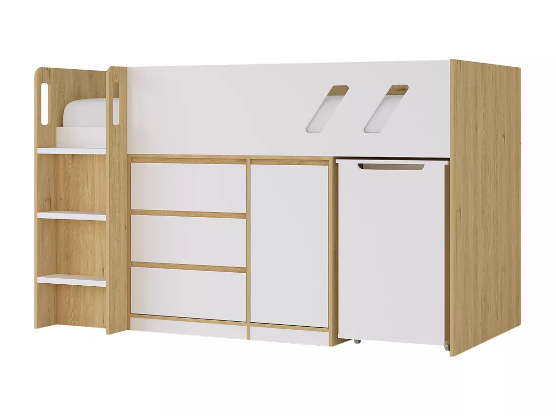 Lit combiné 90 x 190 cm avec bureau et rangements - Coloris : Naturel et blanc - SAGITI