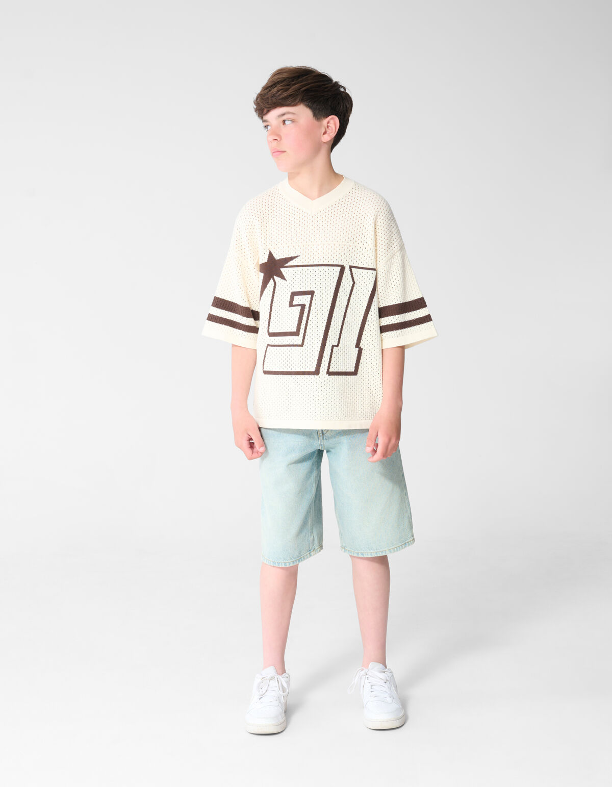 Sporty Gebreid T-shirt Gebroken Wit