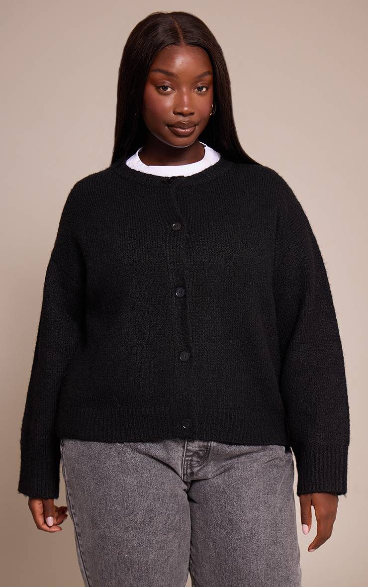 Noir Gilet Grande Taille Col Rond À Détails Oversize Et Maille Brossée