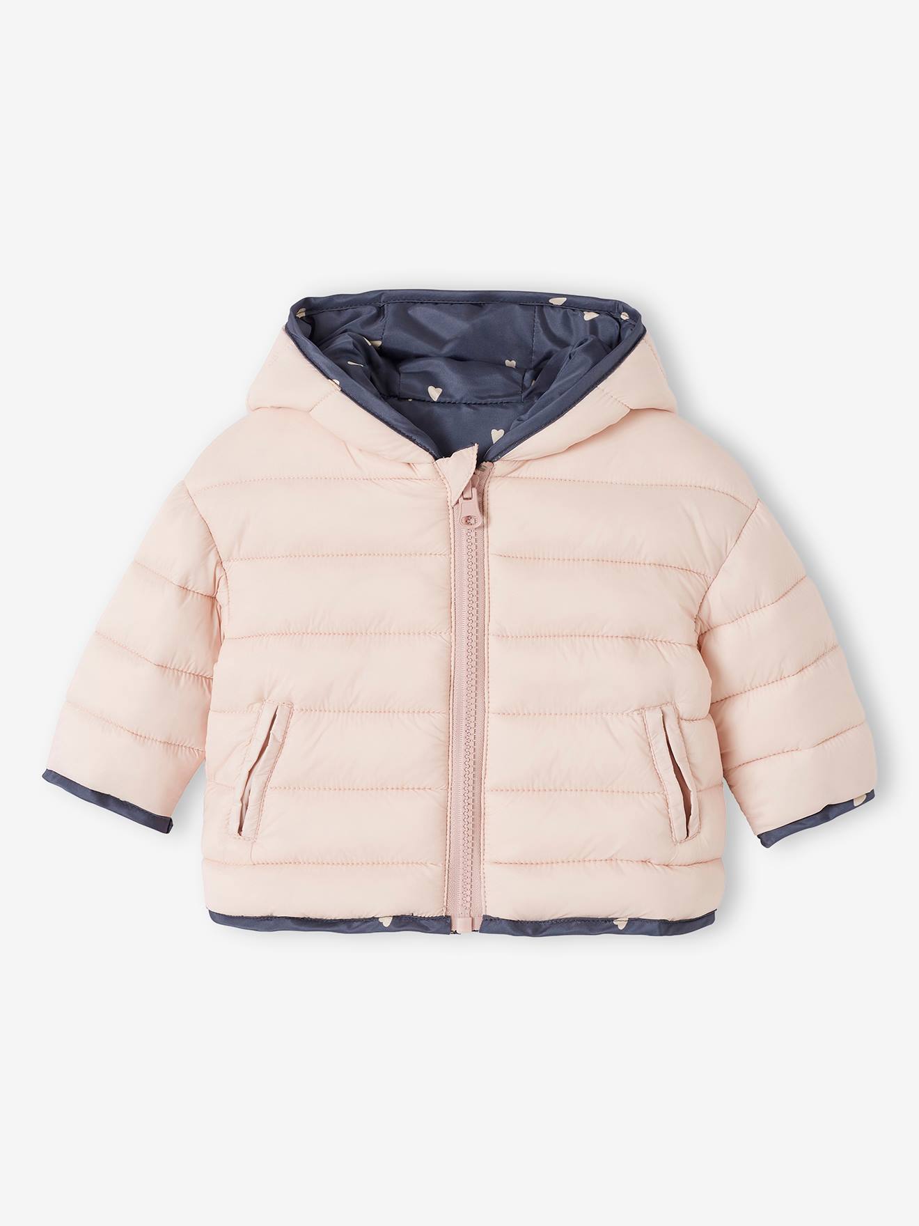 Casaco reversível acolchoado para bebê, roxo médio, liso com estampas.