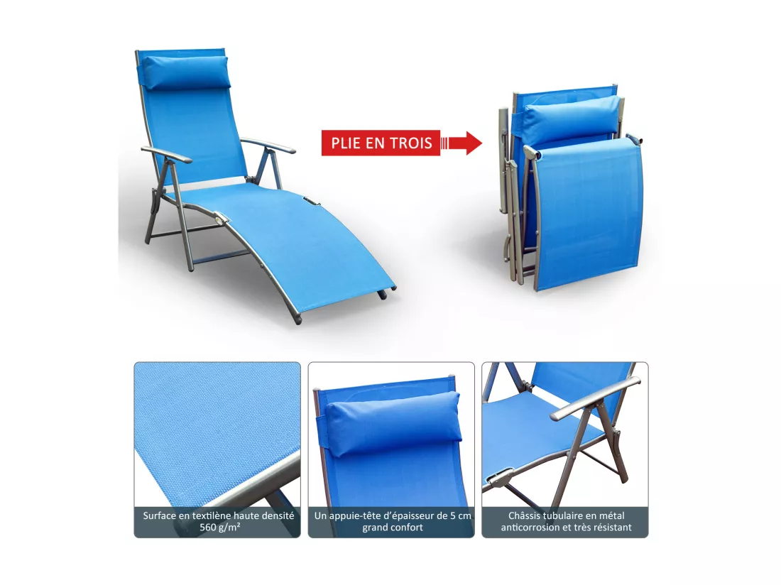Outsunny transat chaise longue bain de soleil pliable dossier inclinable multi-positions têtière fournie 137L x 64l x 101H cm métal époxy textilène bleu