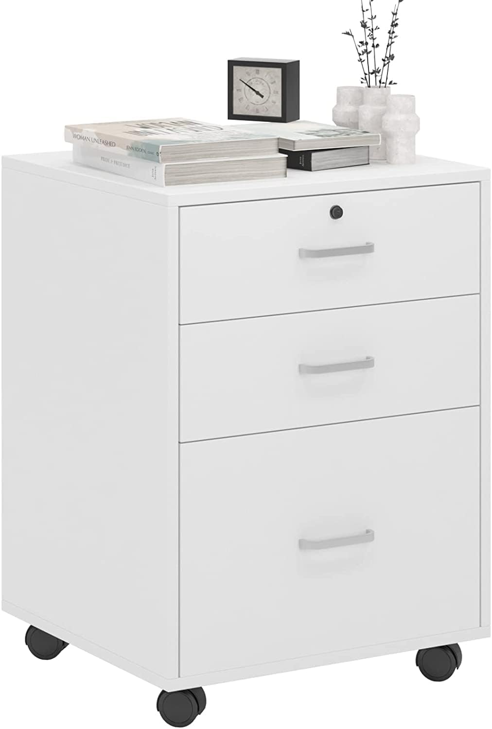 DlandHome Rollcontainer Weiß mit 3 Schubladen für Schreibtisch, Aktenschränke, Mobilen 65cm H für A4, Rollcontainer aus Holz mit Schubladen, FC04 ME8353644