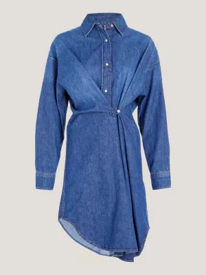 Vestido camisa com drapeado em jeans