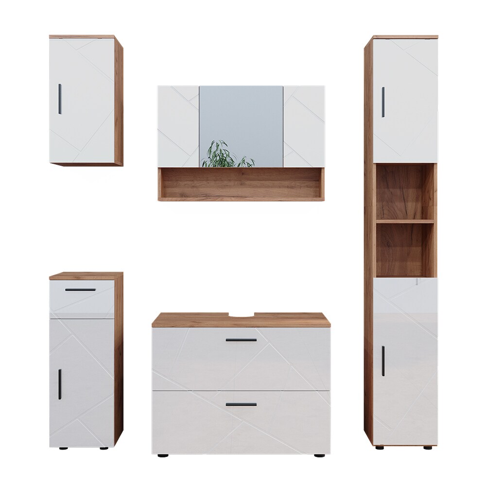 Vicco Badmöbelset Irma Eiche Weiß Hochglanz modern 80 cm 30 cm Badezimmerschrank Badschrank Badezimmermöbel Waschtischunterschrank Spiegelschrank Hochschrank Midischrank Hängeschrank Tür Schublade