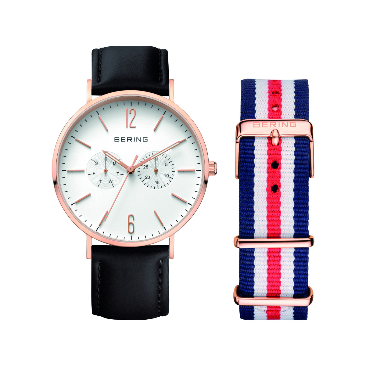 Montre Bering homme acier doré rose cuir et nato
