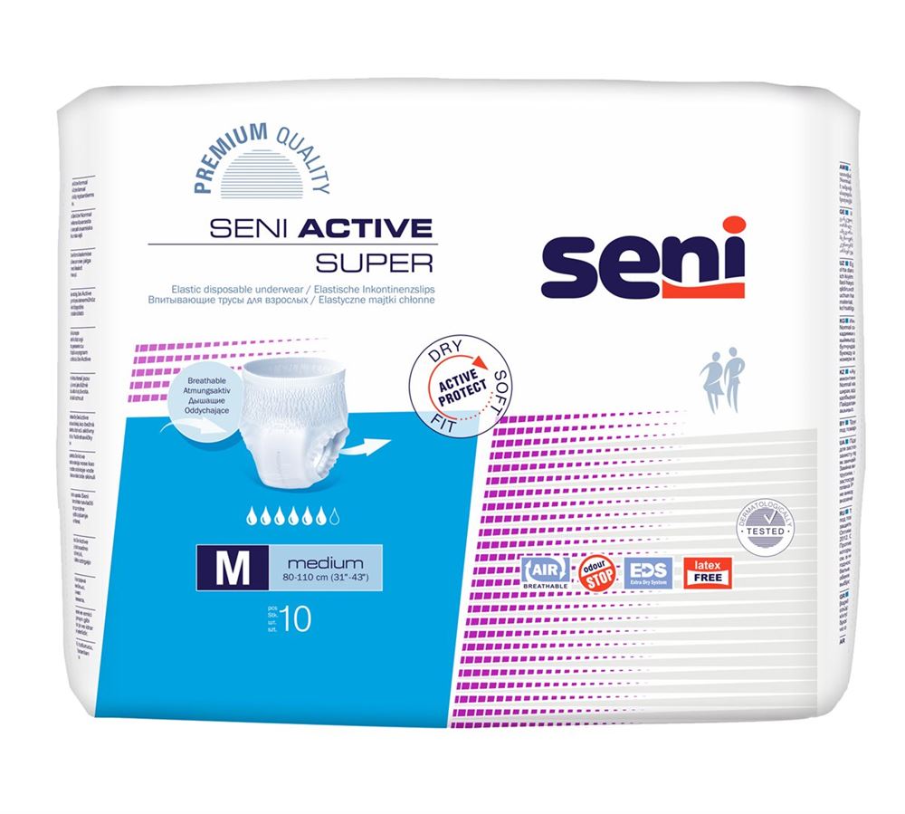 Seni Active Super Pants Einweghosen M atmungsaktiv Hüftumfang 80-110cm 6 Tropfen Btl 10 Stk
