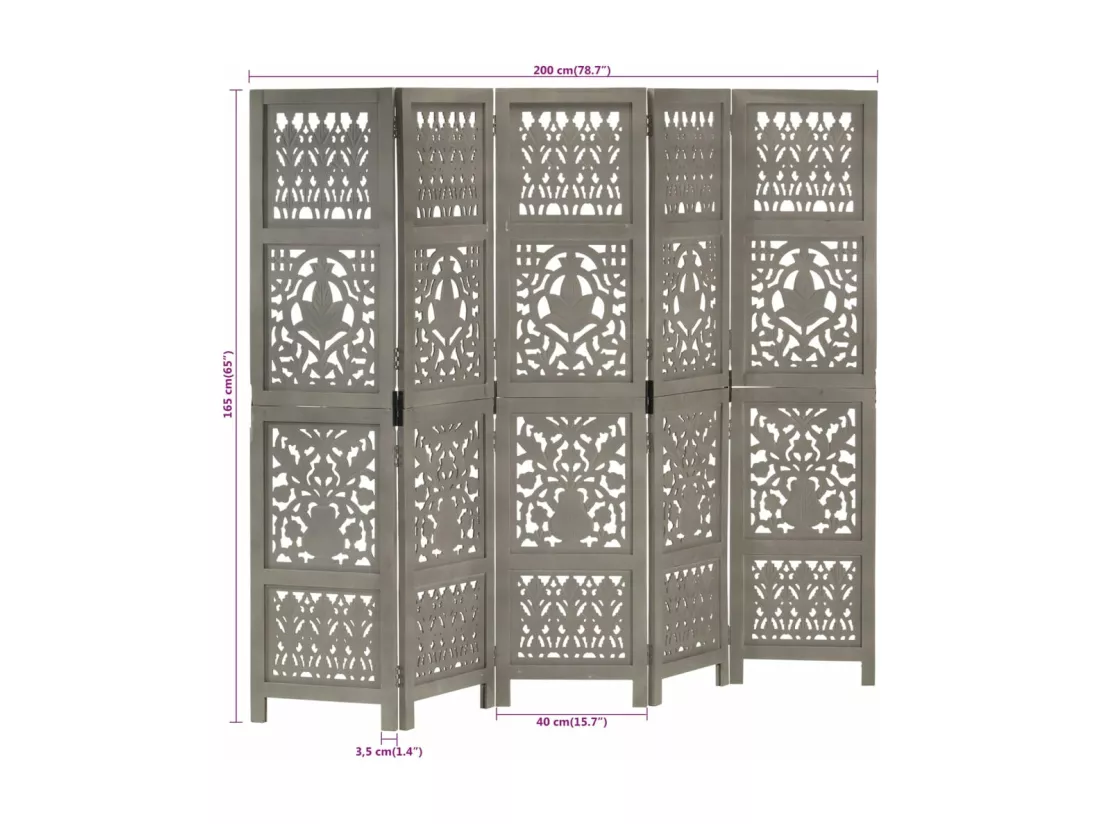 Cloison de séparation 5 panneaux Gris 200x165 cm Bois manguier