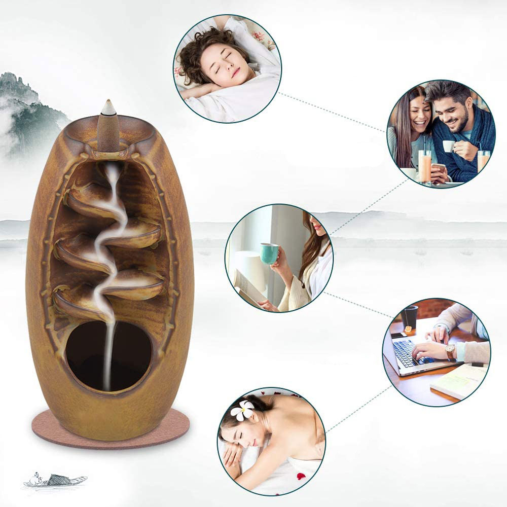 (155-tlg. Set) Keramik Räucherbrunnen Home Deko Aromatherapie mit Räucherstäbchen   Räucherkegel - Braun