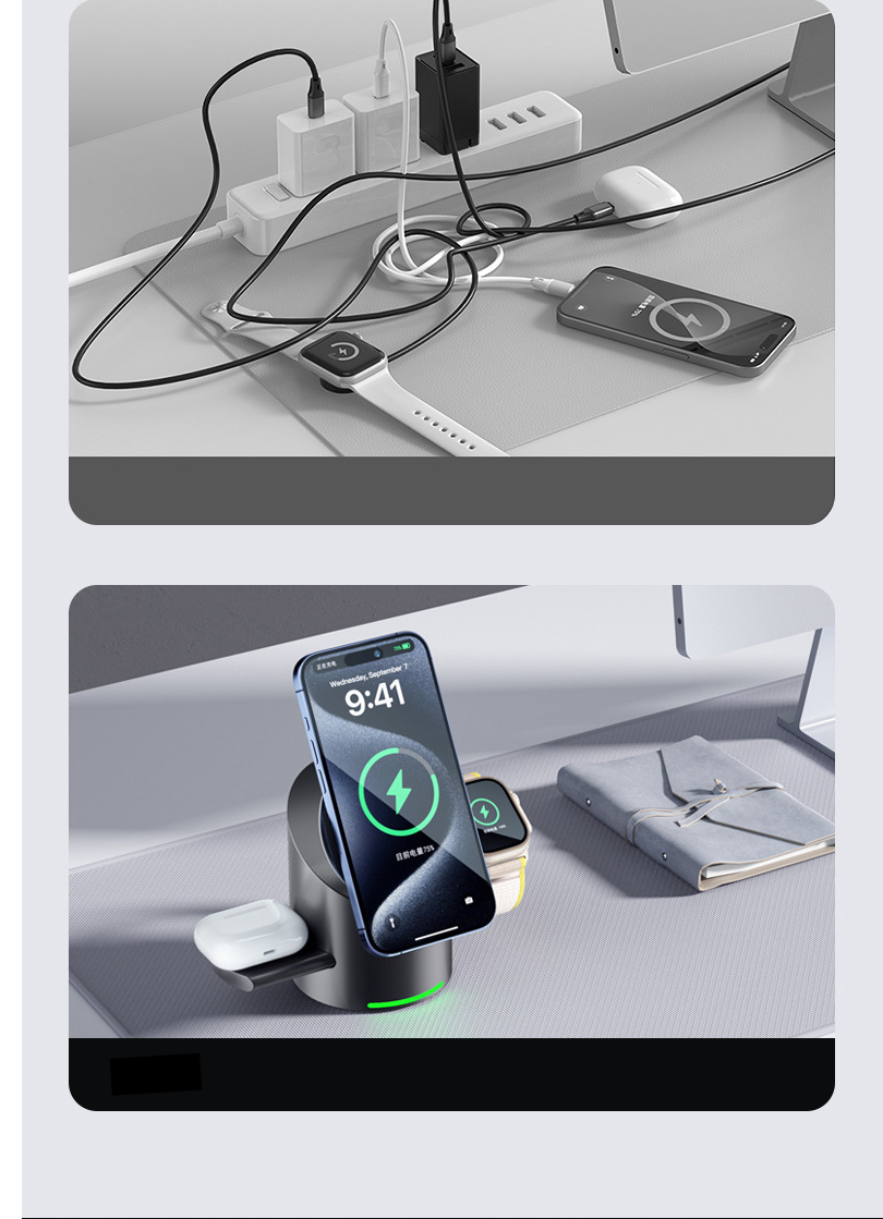 (20W) 3in1 MagSafe Qi2 Wireless Charger Fast Charging Ladegerät Ladestation mit Drehfunktion - Schwarz
