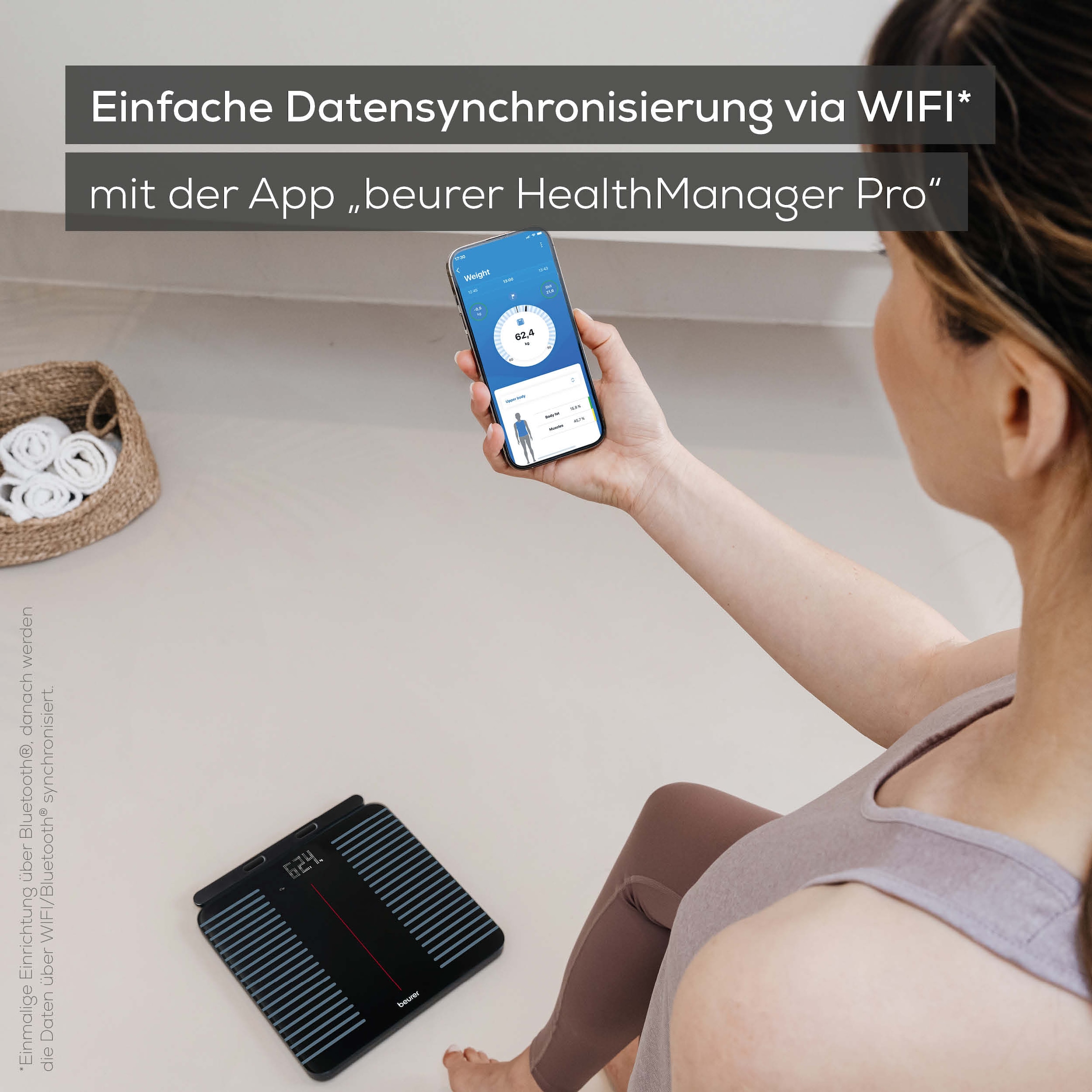 BEURER Körper-Analyse-Waage »BF 990 Diagnosewaage zur Ganzkörperanalyse, 180 kg, App-Verbindung« Mit Handsensoren und App-Anbindung via WIFI/Bluetooth, 25 Messwerte