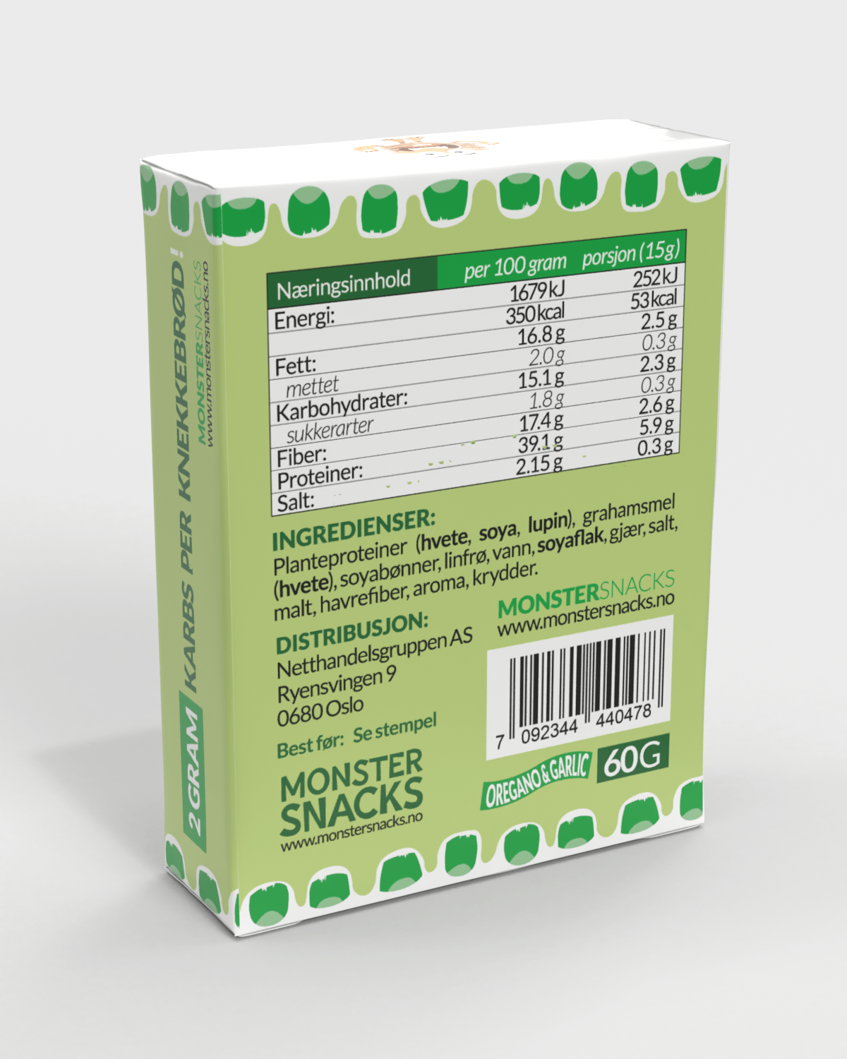 Monster Lavkarbo Knekkebrød 60g - Oregano &amp; Hvitløk (3-pack)