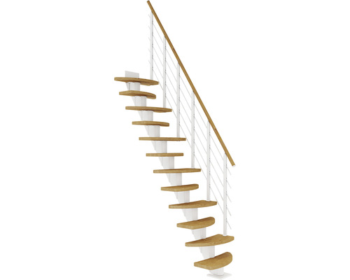 Pertura Aris Witte trap met middenliggers, variabel, kwartslag, links/rechts onder, recht, 64 cm, leuning van geolied eikenhout, 10 treden / 11 stootborden