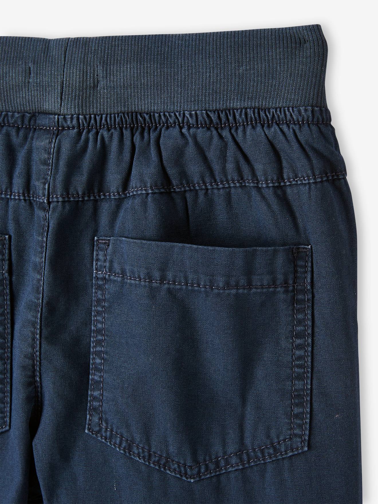 Calças de moletom forradas com lã polar, fáceis de vestir, para meninos, lisas na cor azul-escura com estampas.