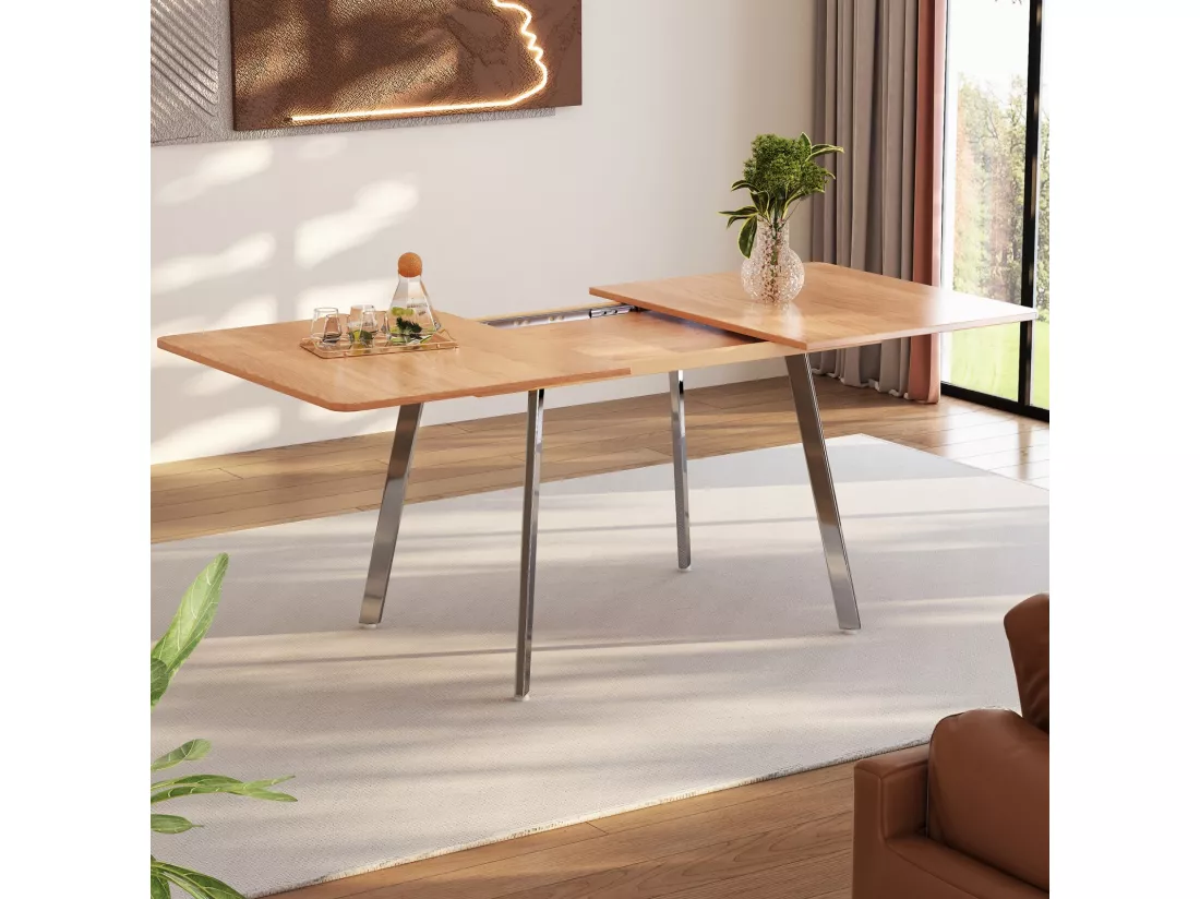 Table à manger extensible en MDF et alliage - 4 à 6 personnes - Naturel et argenté - 140-180x80x75cm