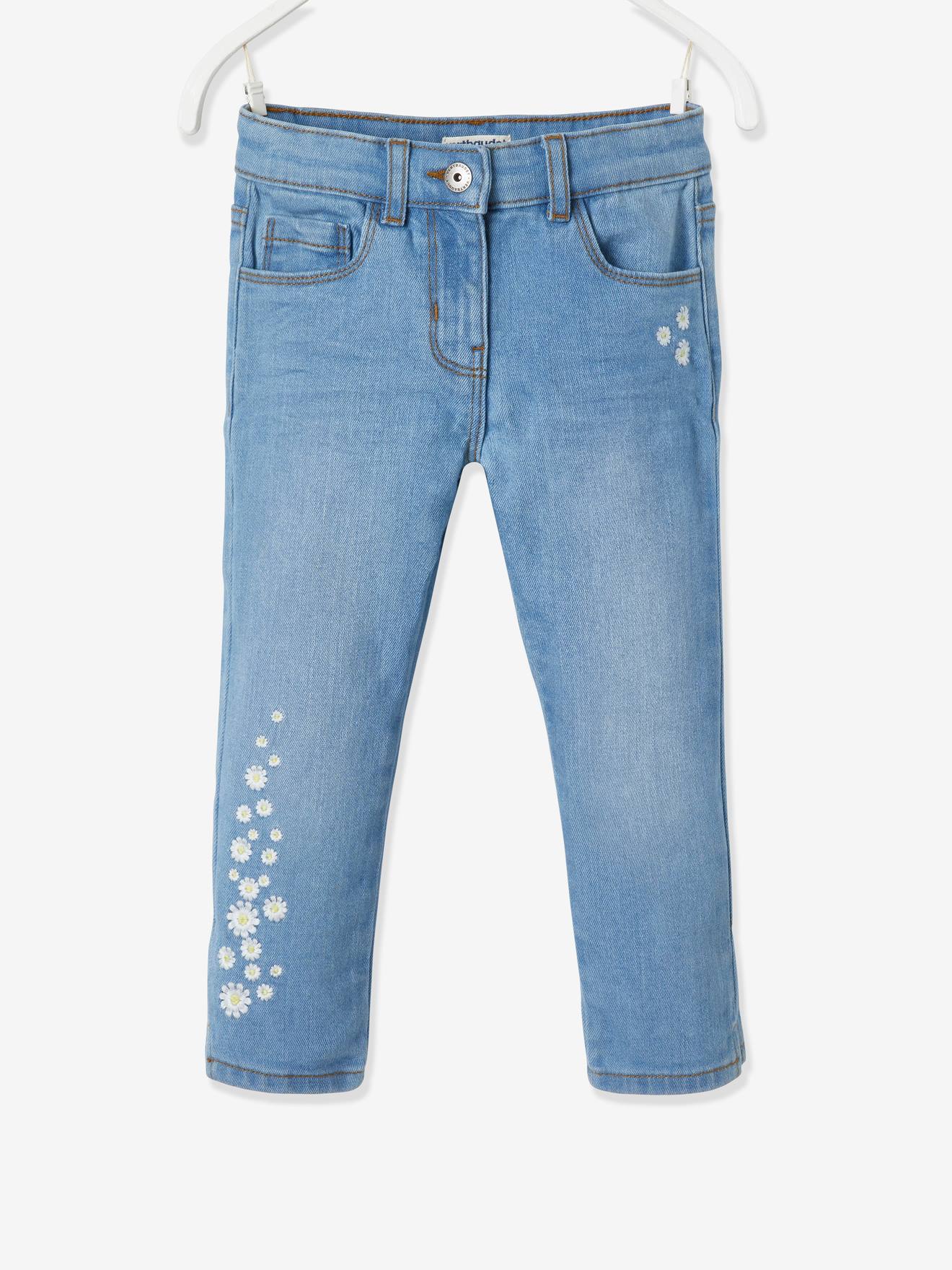Calça jeans cropped com bordado floral, para meninas, azul médio.