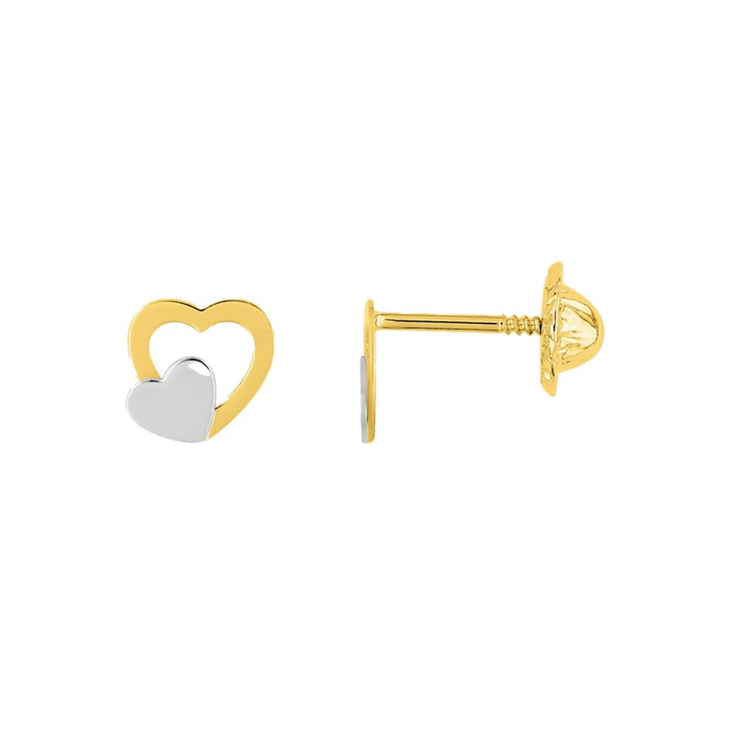 Boucles d'oreilles enfant - Poussette Vis - Or 18 Carats - Coeur - Hauteur:  6mm - Longueur : 10mm