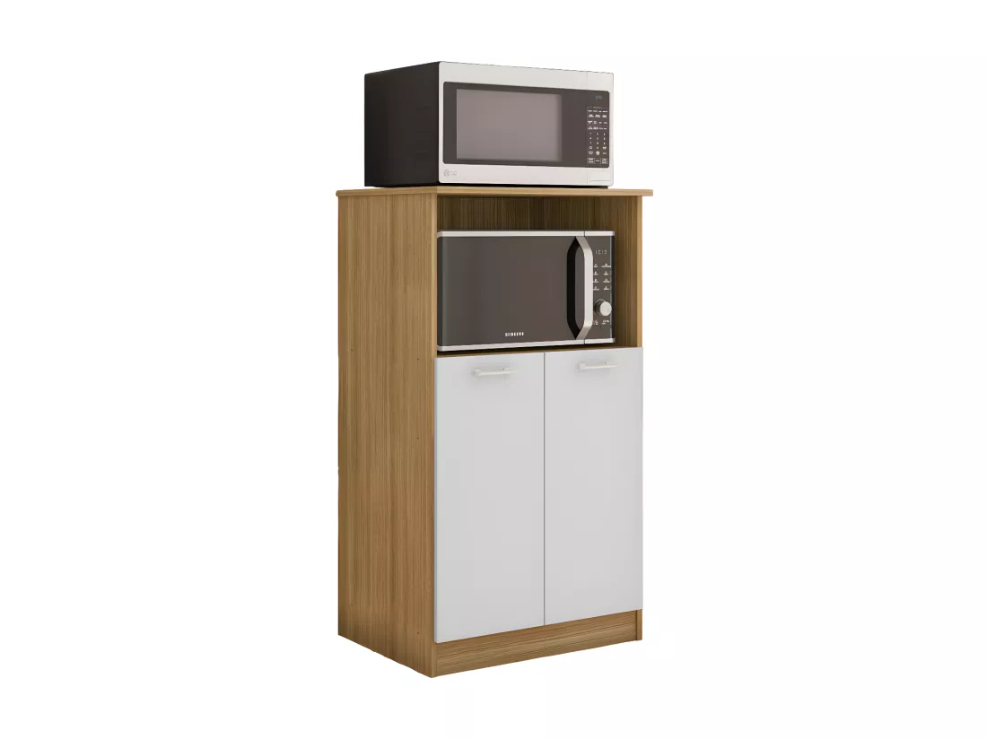 Armoire Micro-Onde 2 Portes Chêne et Blanc 3 Niches ORION L61 H110.6 P45.8 cm