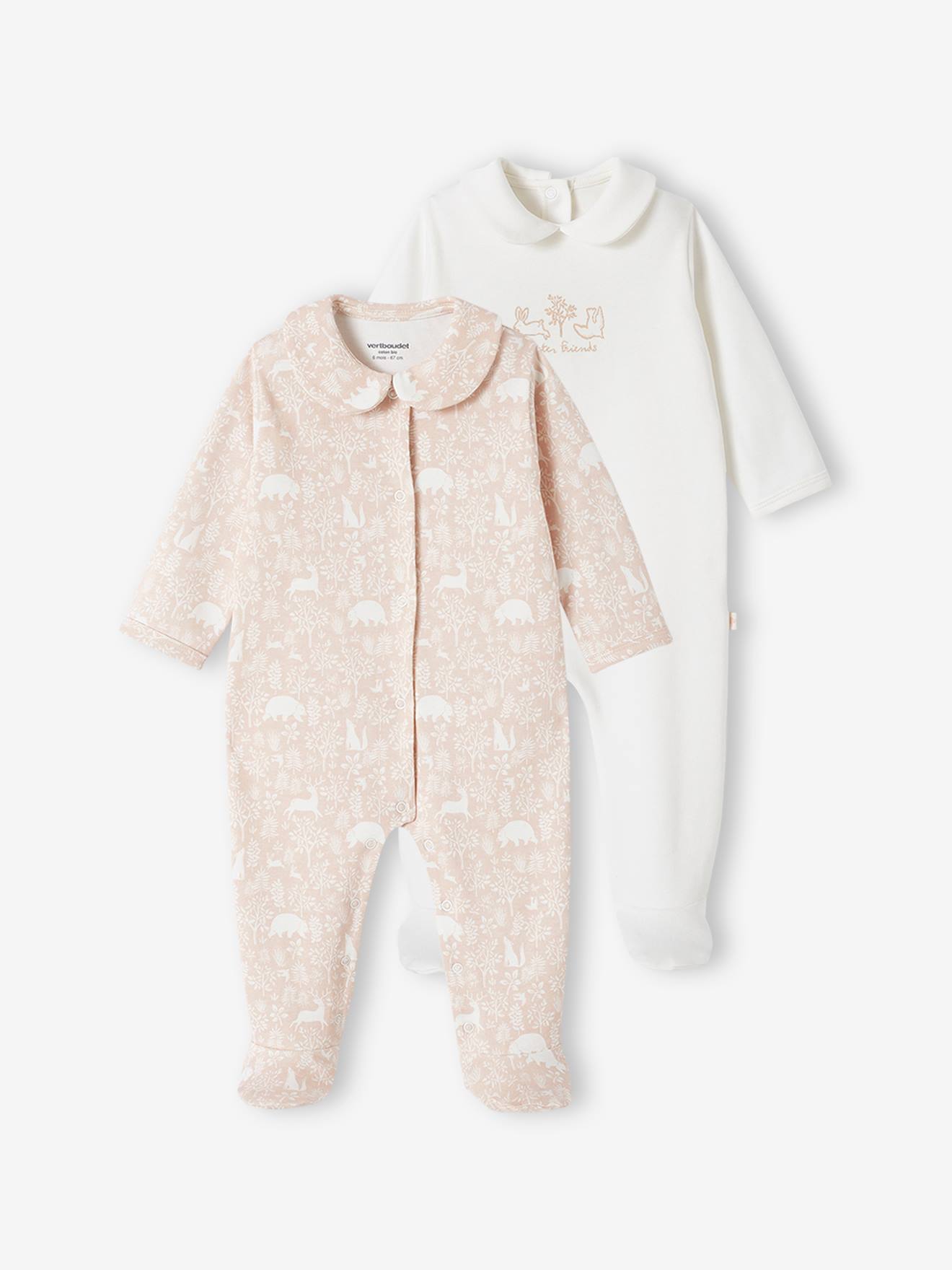 Conjunto de 2 macacões de bebê em algodão orgânico com estampa de animais, cor rosa.