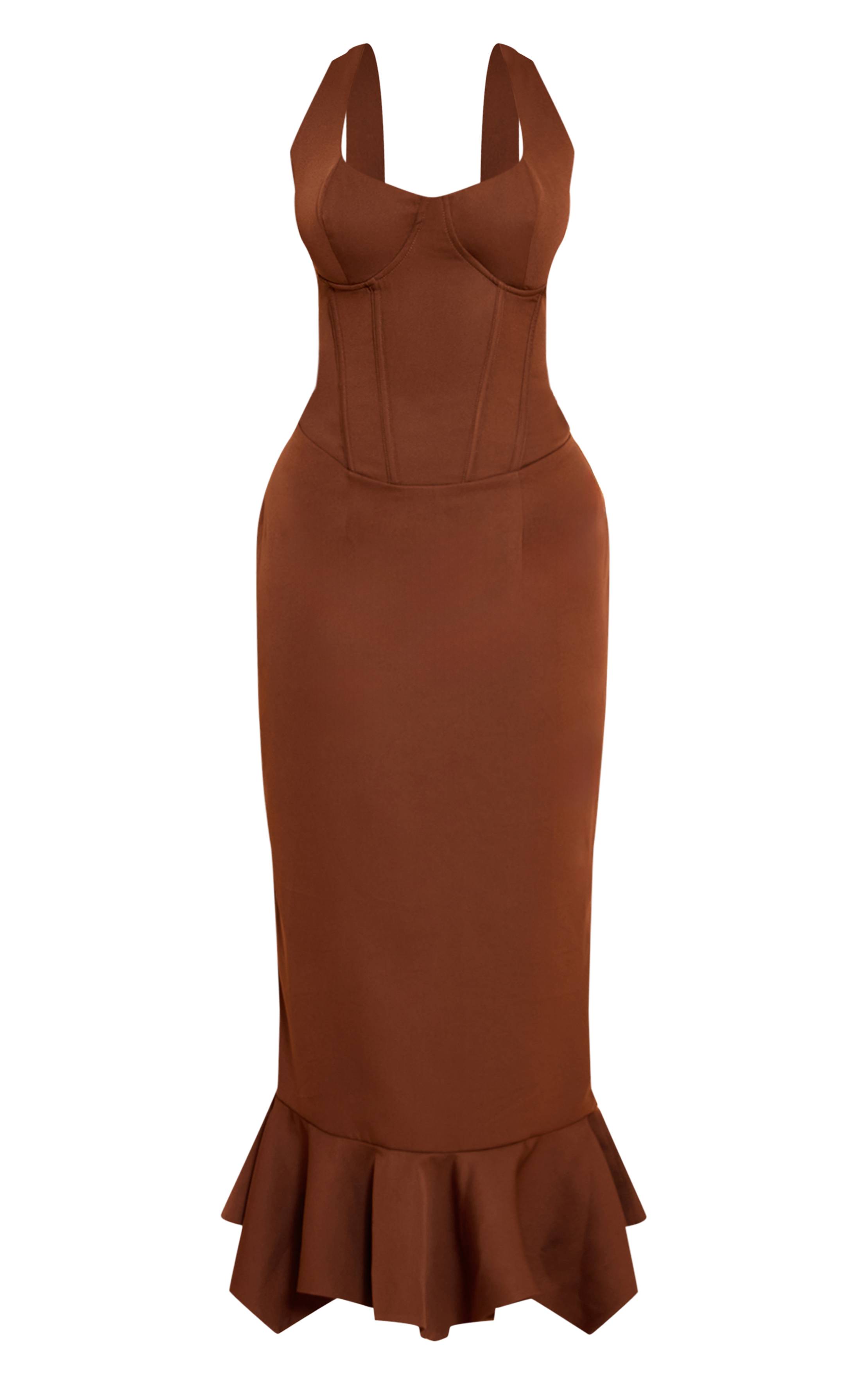 Chocolat Robe Maxi À Ourlet À Volants Avec Bustier Sculptant