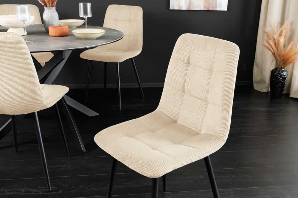 Moderner Design Stuhl TRES CHIC beige Cord schwarze Metallbeine Esszimmer