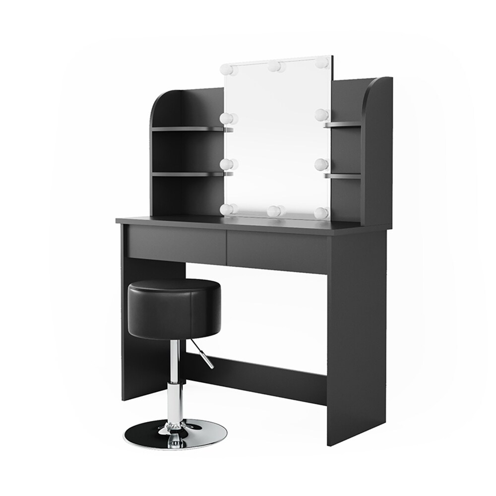 Vicco Schminktisch Charlotte Frisiertisch Kommode Frisierkommode Spiegel Schwarz inklusive Hocker und LED-Lichterkette