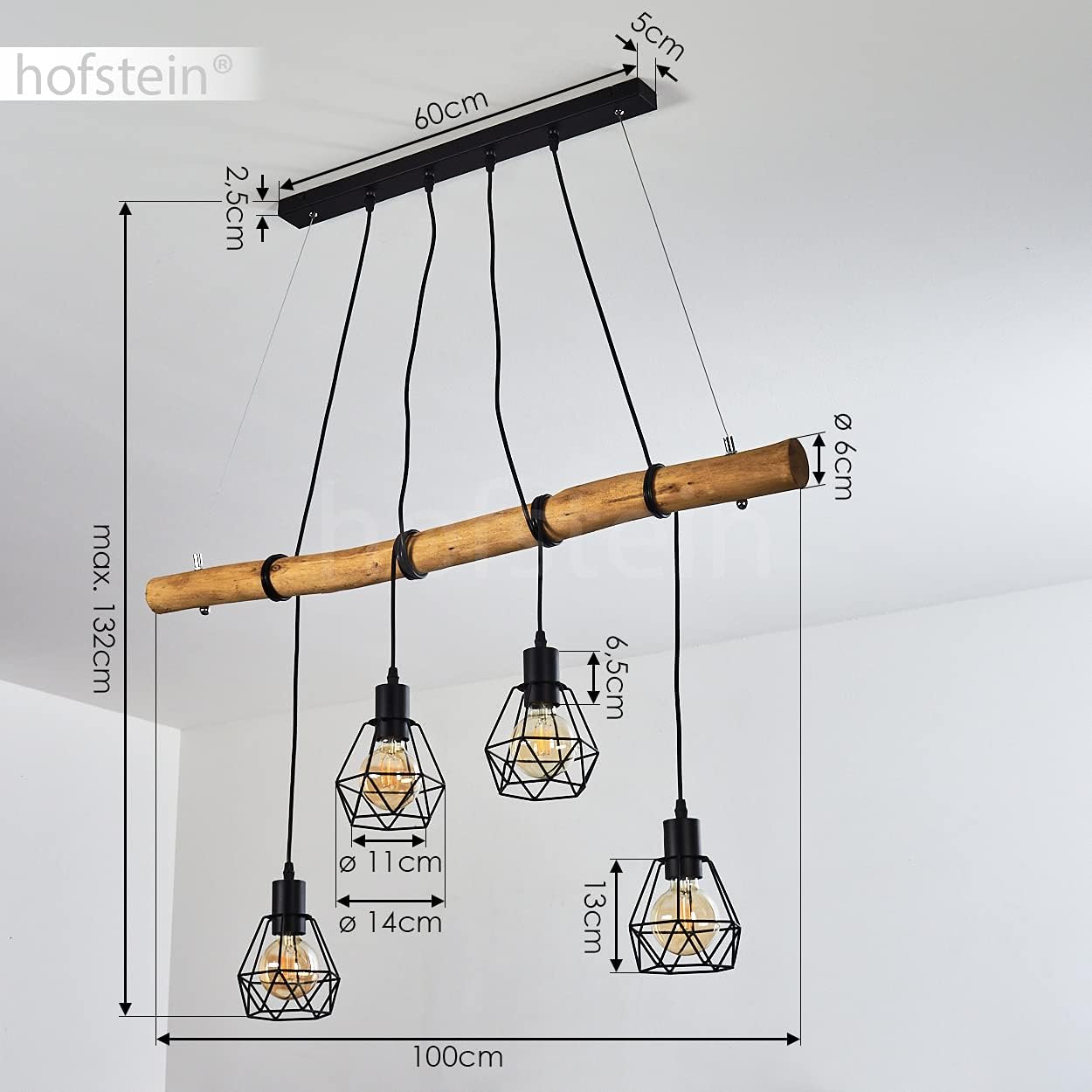 HOFSTEIN Pendelleuchte Seegaard, 4-flammige Hängelampe aus Metall in schwarz und Holz, Vintage/Boho Style Zimmerlampe, 4 x E27, Leuchtenköpfe individuell einstellbar, für Esszimmer, Wohnzimmer, Küche