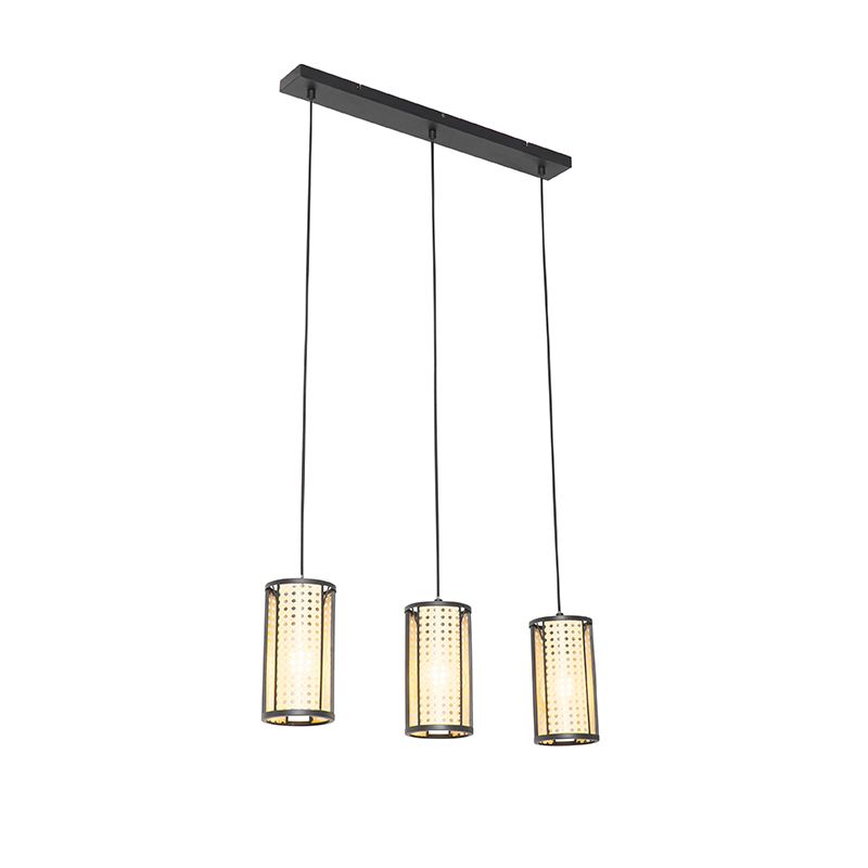 Oosterse hanglamp zwart met rotan 3-lichts langwerpig - Akira