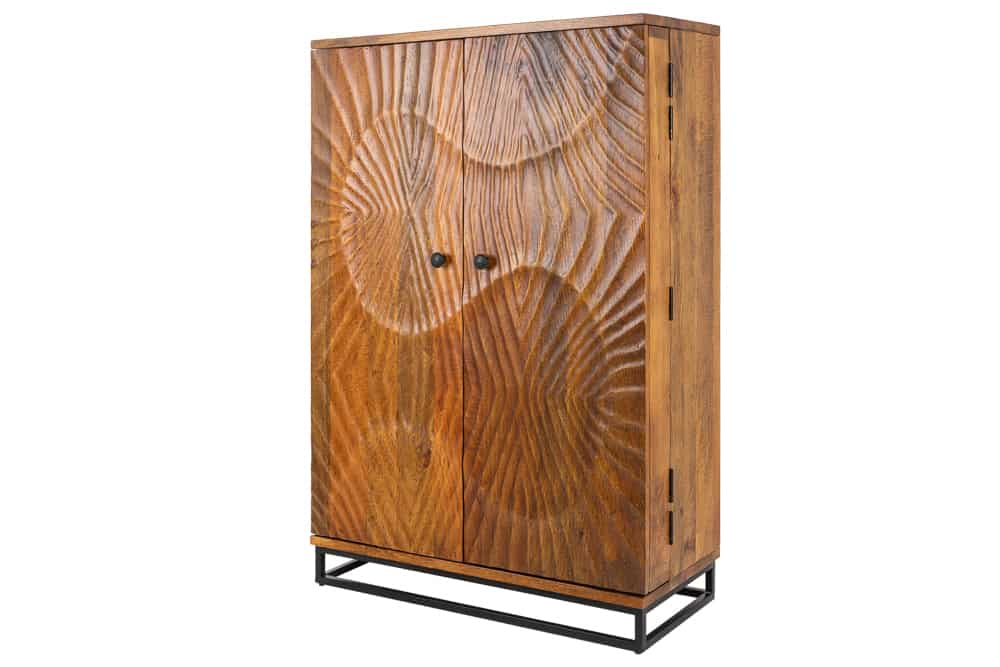 Massiver Barschrank SCORPION 141cm braun Mangoholz aufwendige 3D Schnitzereien